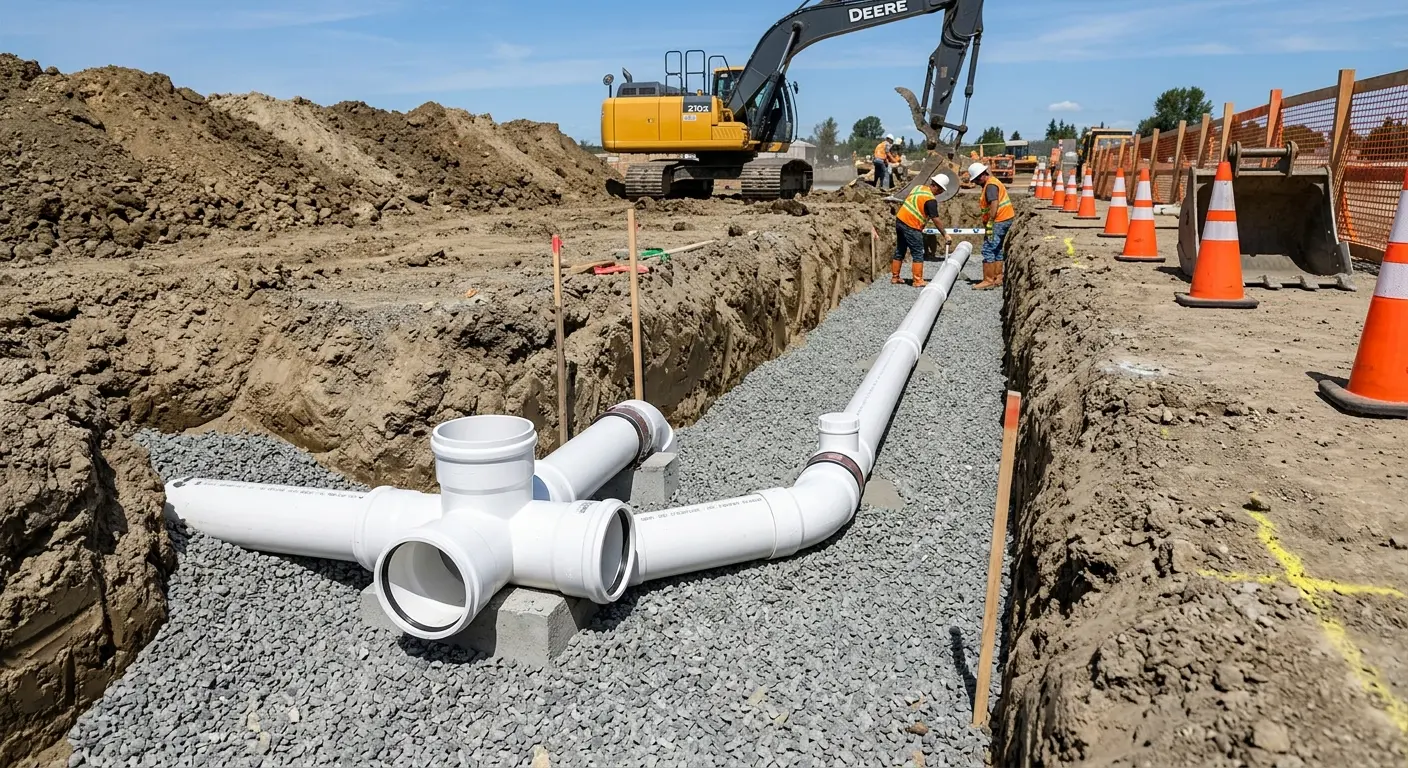 New PVC sewer pipe installation in open trench for Commercial Drain Cleaning in Atoka