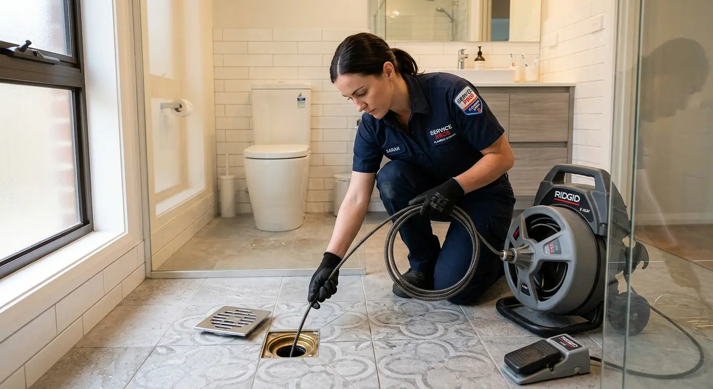 Technician clearing a bathroom floor drain for Clogged Drain Repair in Atoka